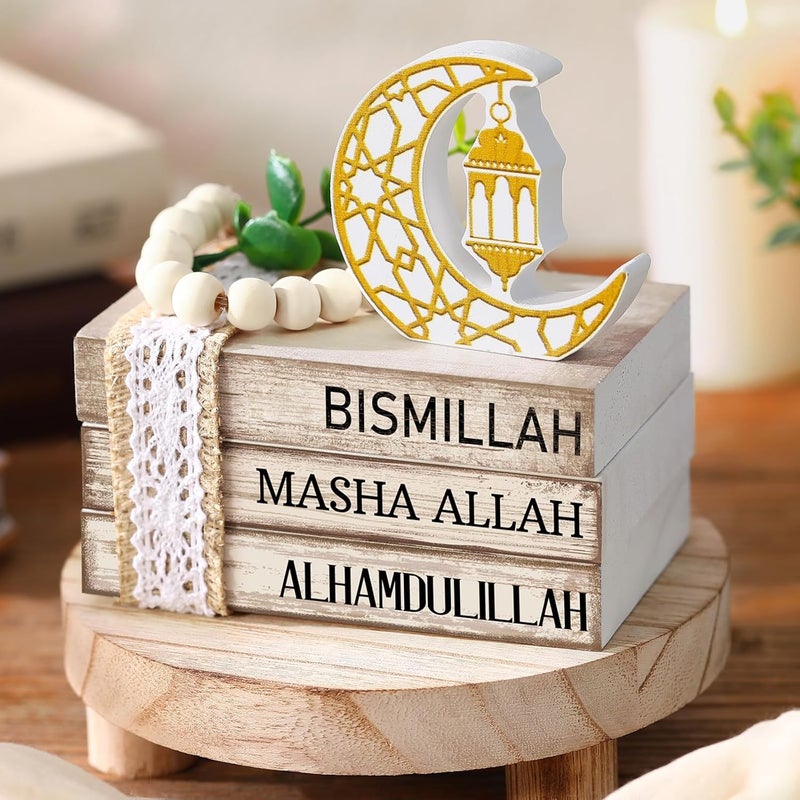 Anglechic Ramadan Decorations for Home Eid Mubarak Decorations Wood Ramadan Table Sign Golden Moon Eid Tiered Tray Sign for Islamic Muslim Table Indoor Shelf Office Gifts - Image 2